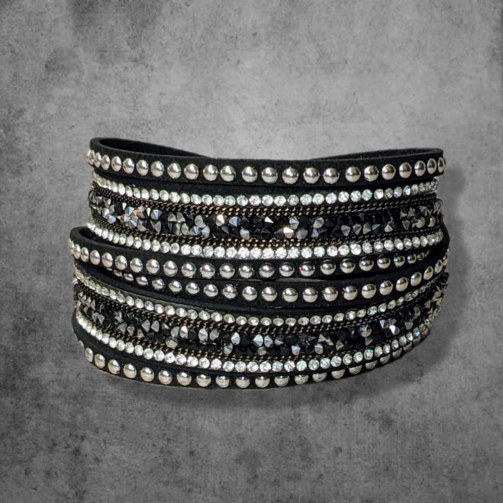 B23 Black & Silver Rhinestone Crystal Wrap Bracelet Silver Studs Double Wrap